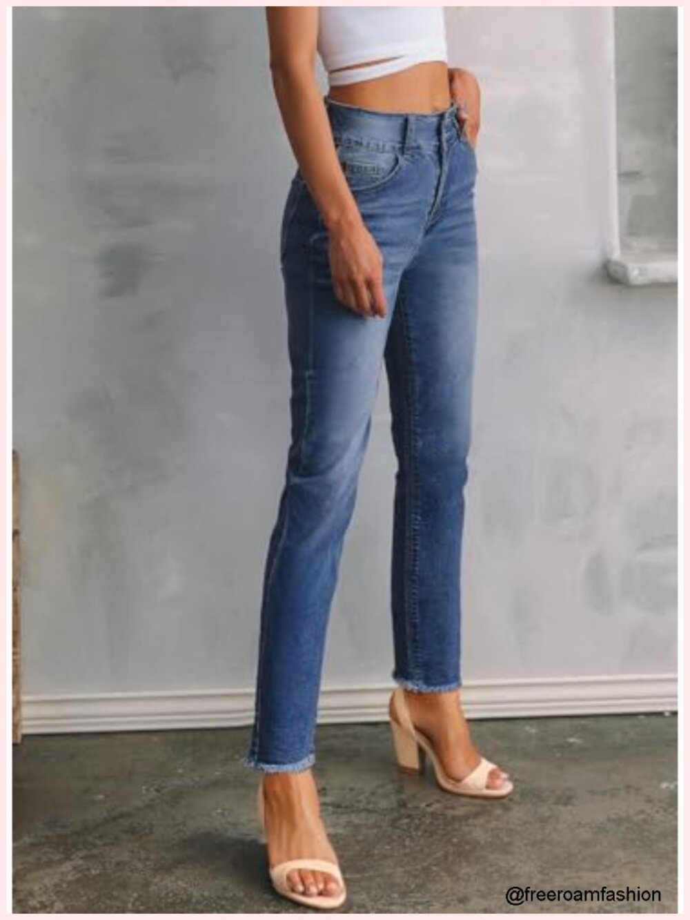 High Waisted Raw Hem Straight Leg Stretchy Denim Jeans with Pockets - Picture 3 of 6